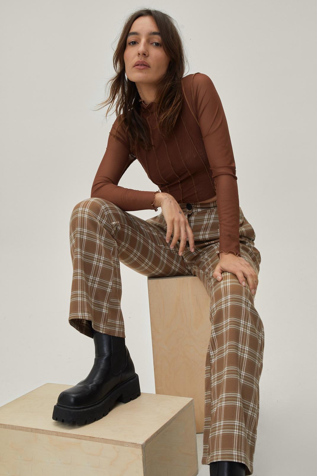 Petite Brown Check Tailored Flared Trousers image number 1