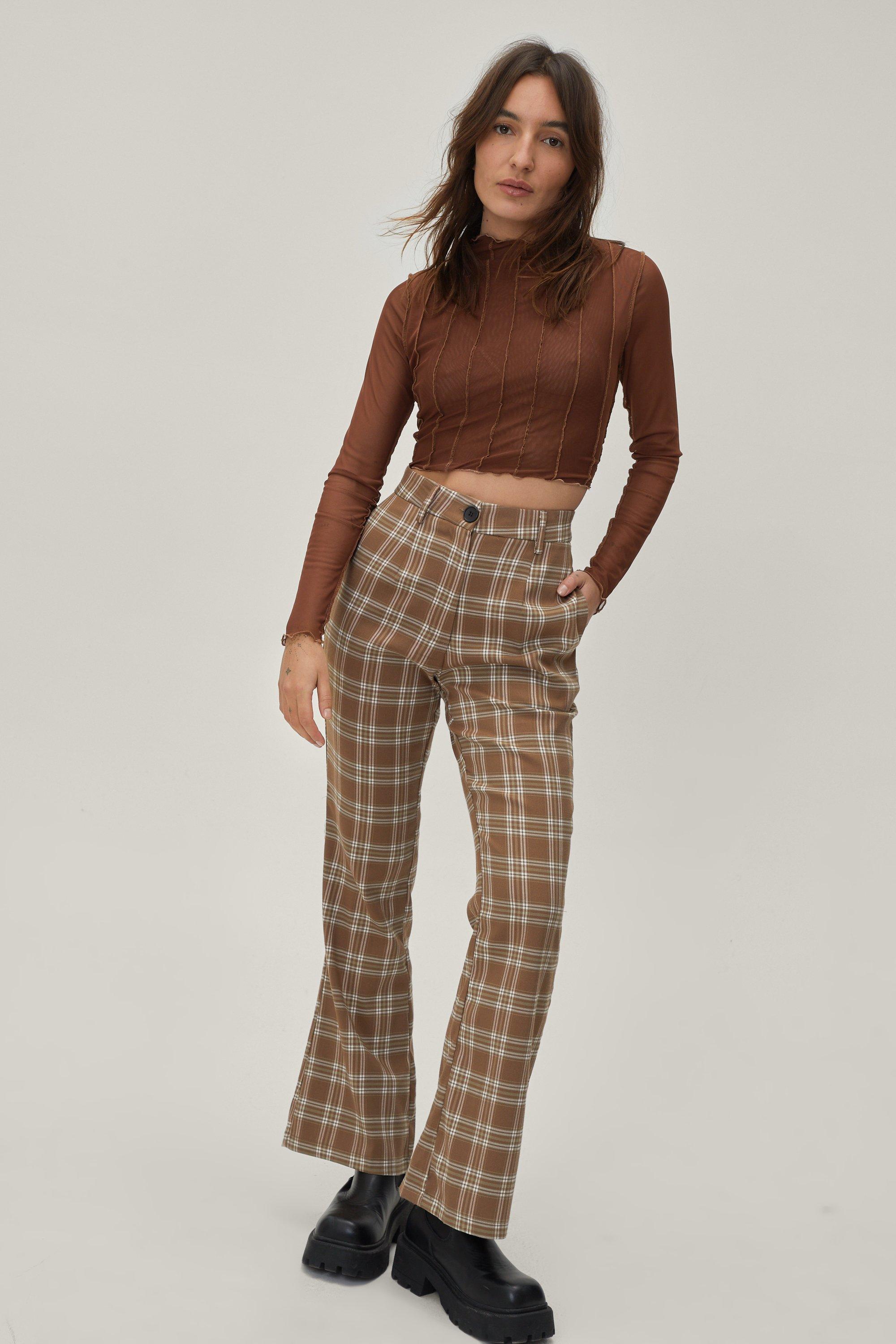 Petite Brown Check Tailored Flare Trousers