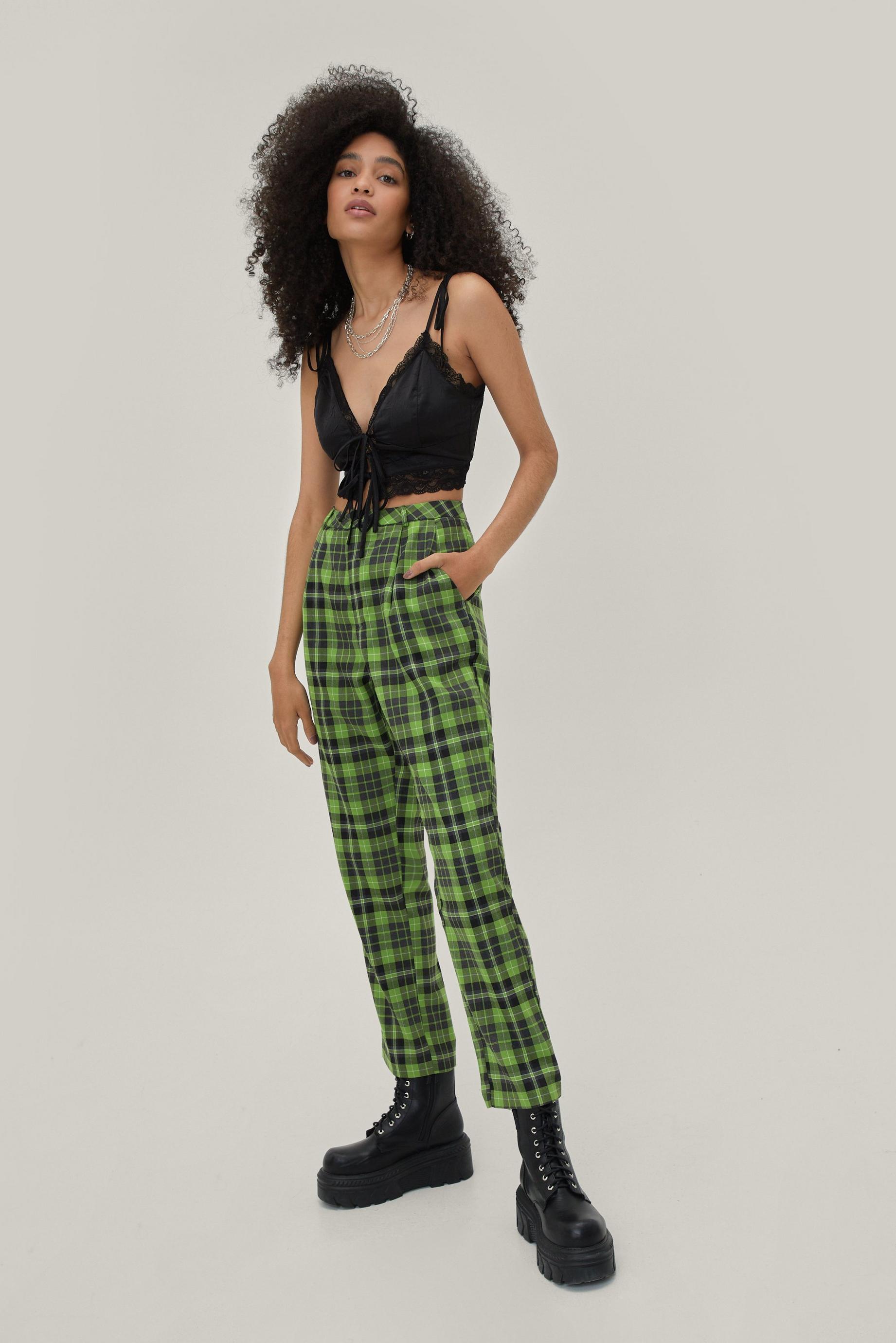 Green Check Pleated Tapered Trousers