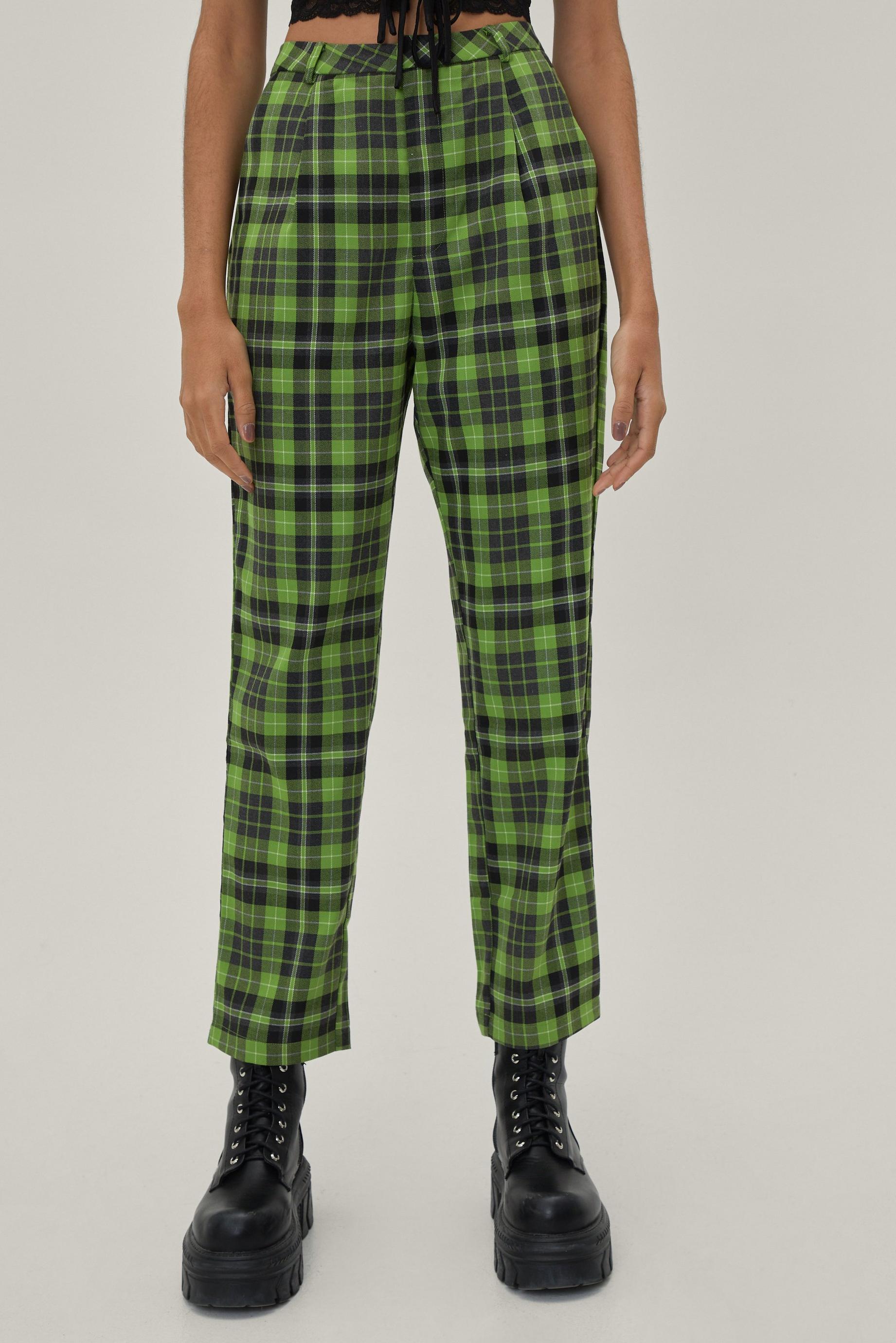 Green Check Pleated Tapered Trousers