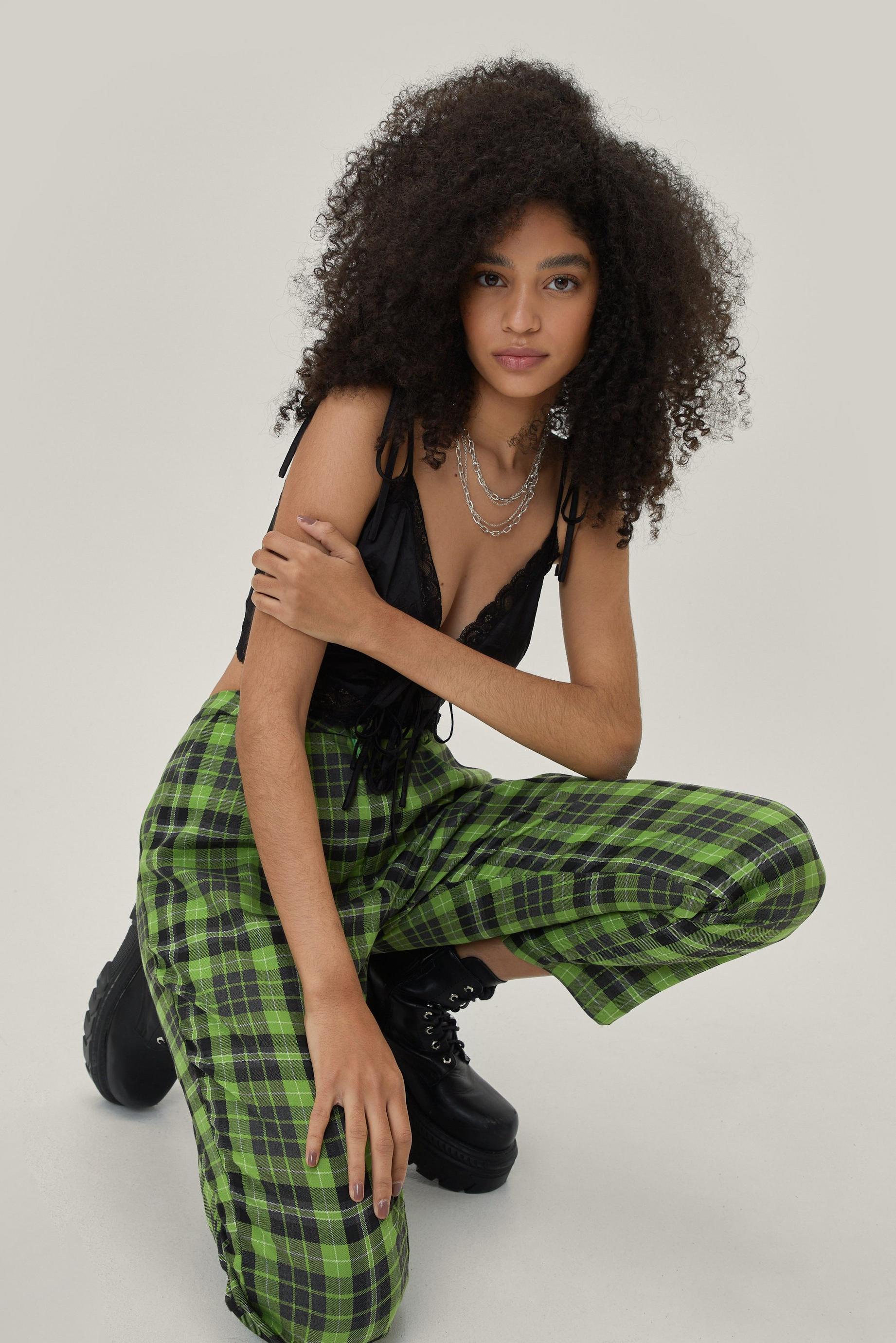 Green Check Pleated Tapered Pants