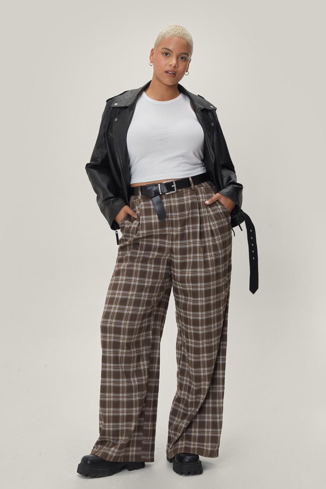 Plus Size Brown Check Wide Leg Trousers image number 1