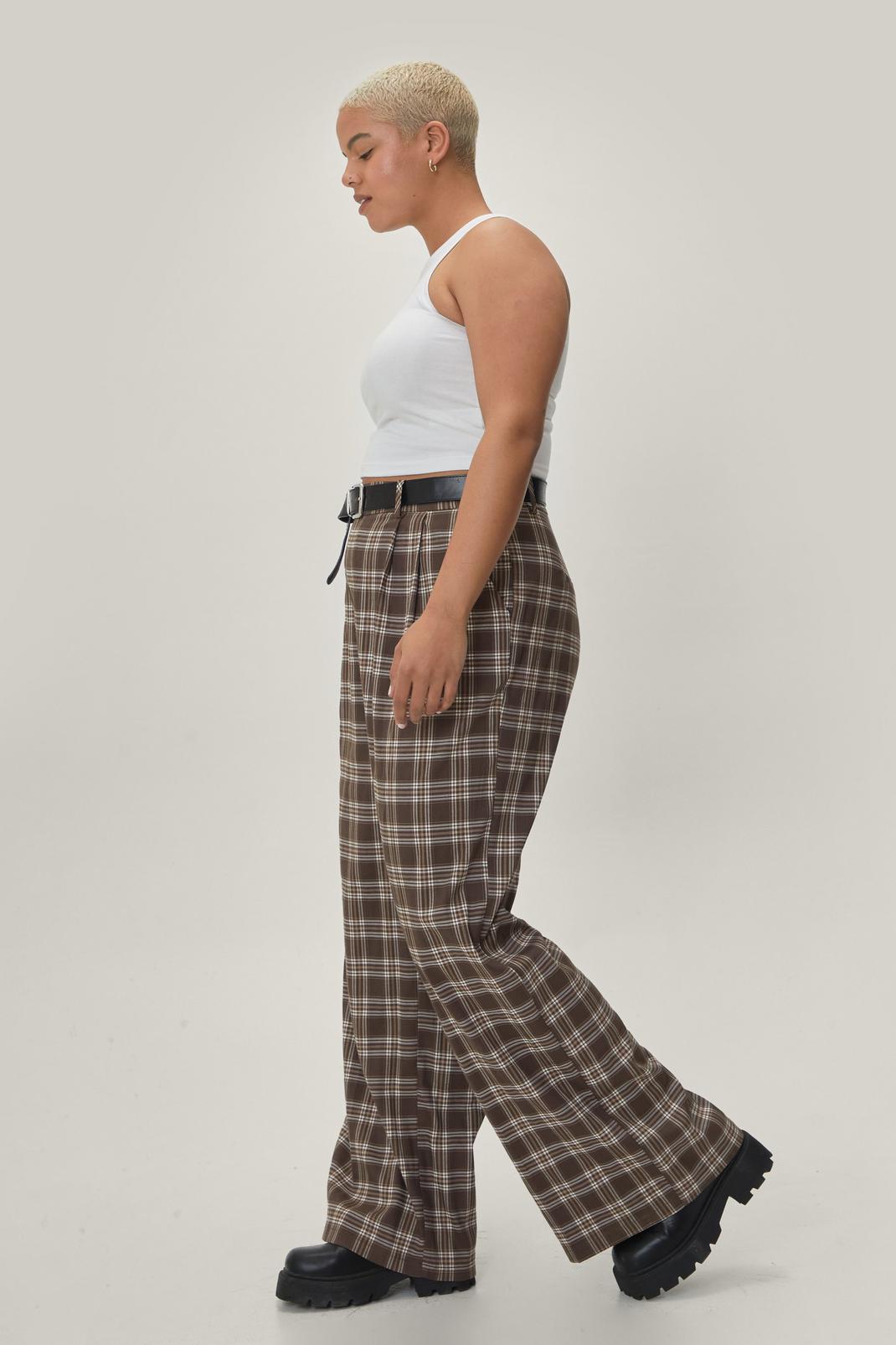 109 Plus Size Brown Check Wide Leg Trousers image number 2