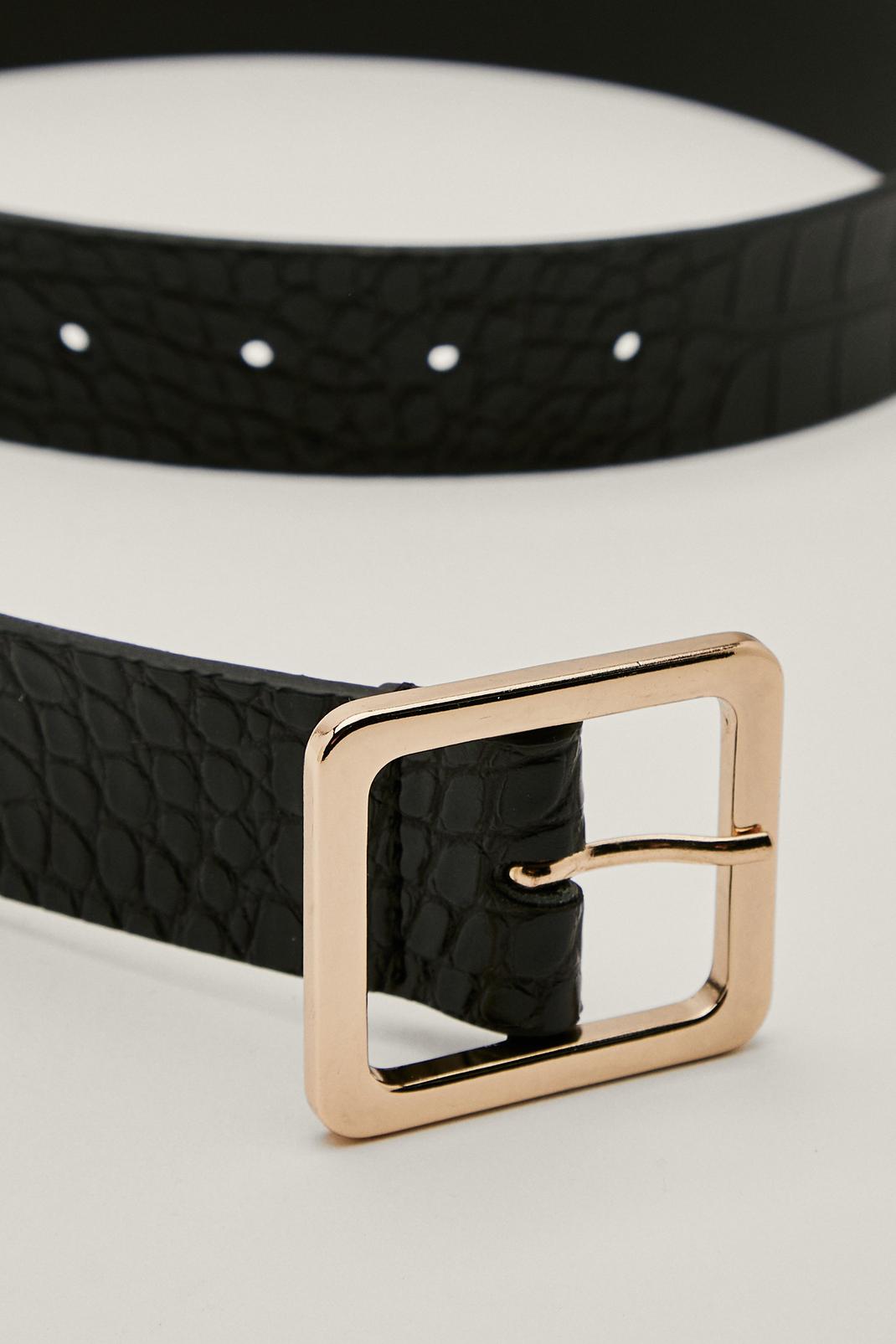 Womens Stylish Gold Wide Buckle on Metallic Croc Embossed Leatherette Strap