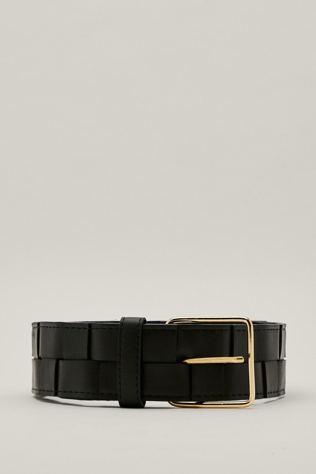 Black Faux Leather Woven Square Buckle Belt image number 1