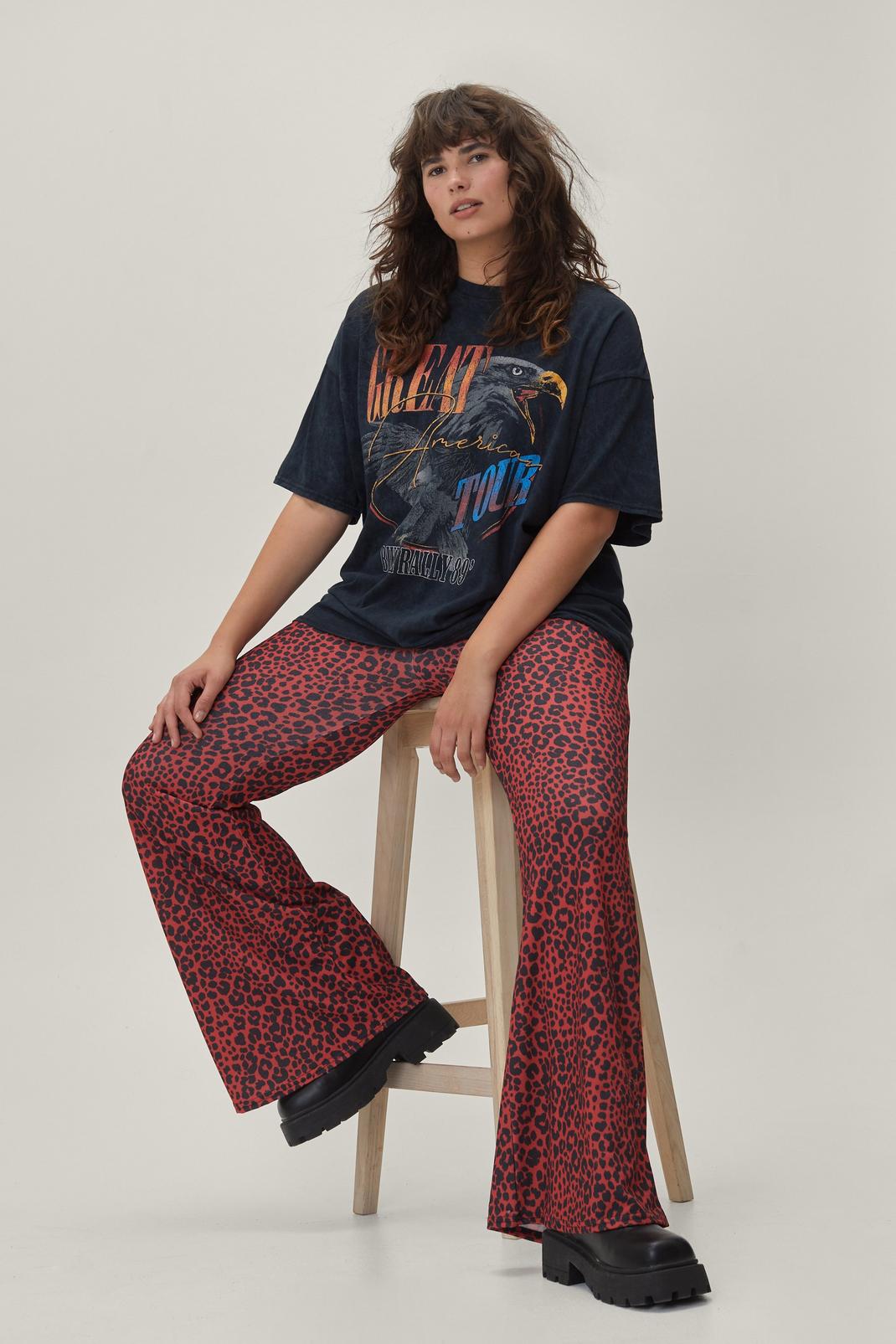 Red Plus Size Leopard Print Kick Flare Pants image number 1