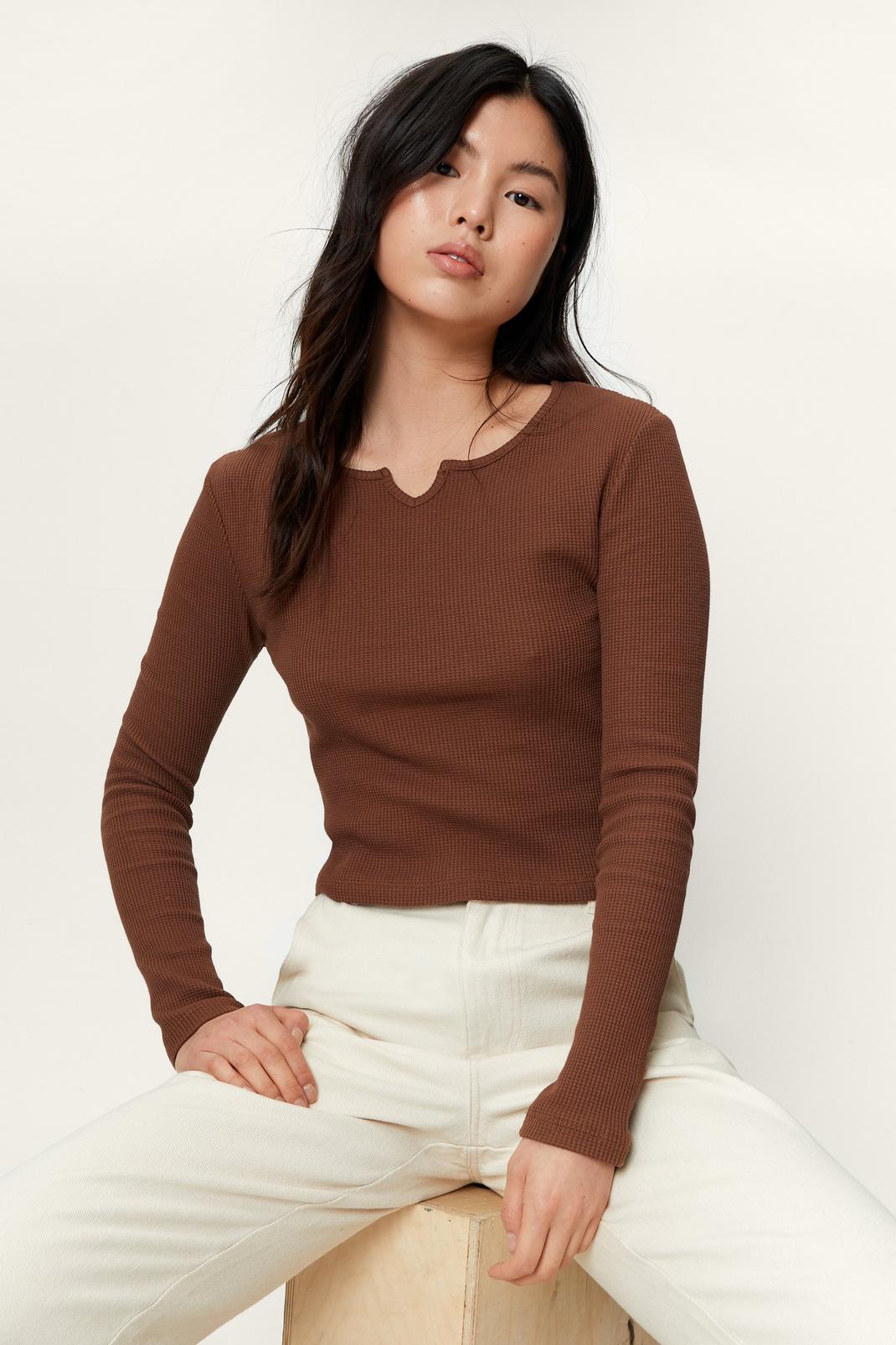 Chocolate Waffle Long Sleeve Notched Neck Top image number 1