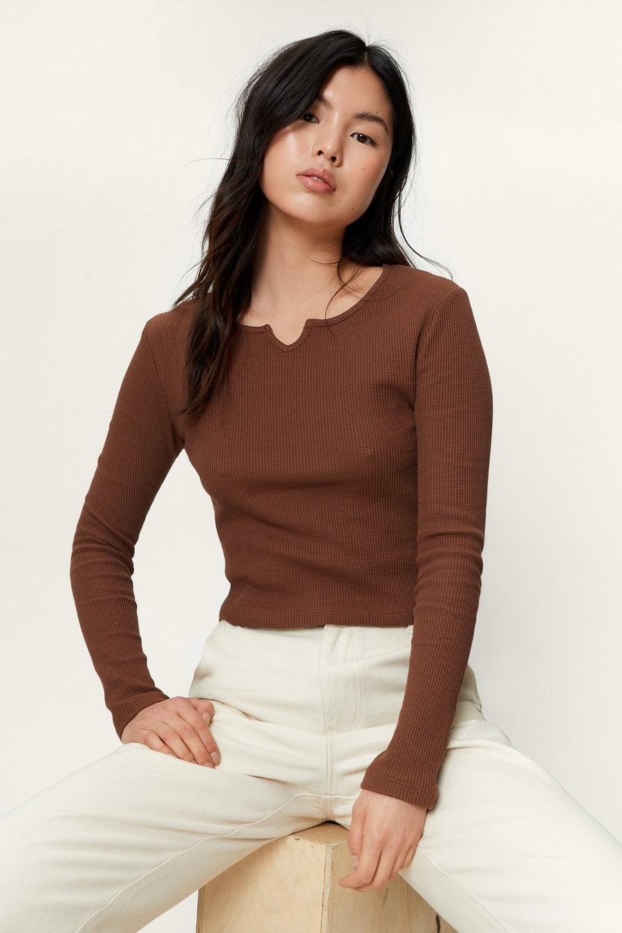 Waffle Long Sleeve Notched Neck Top