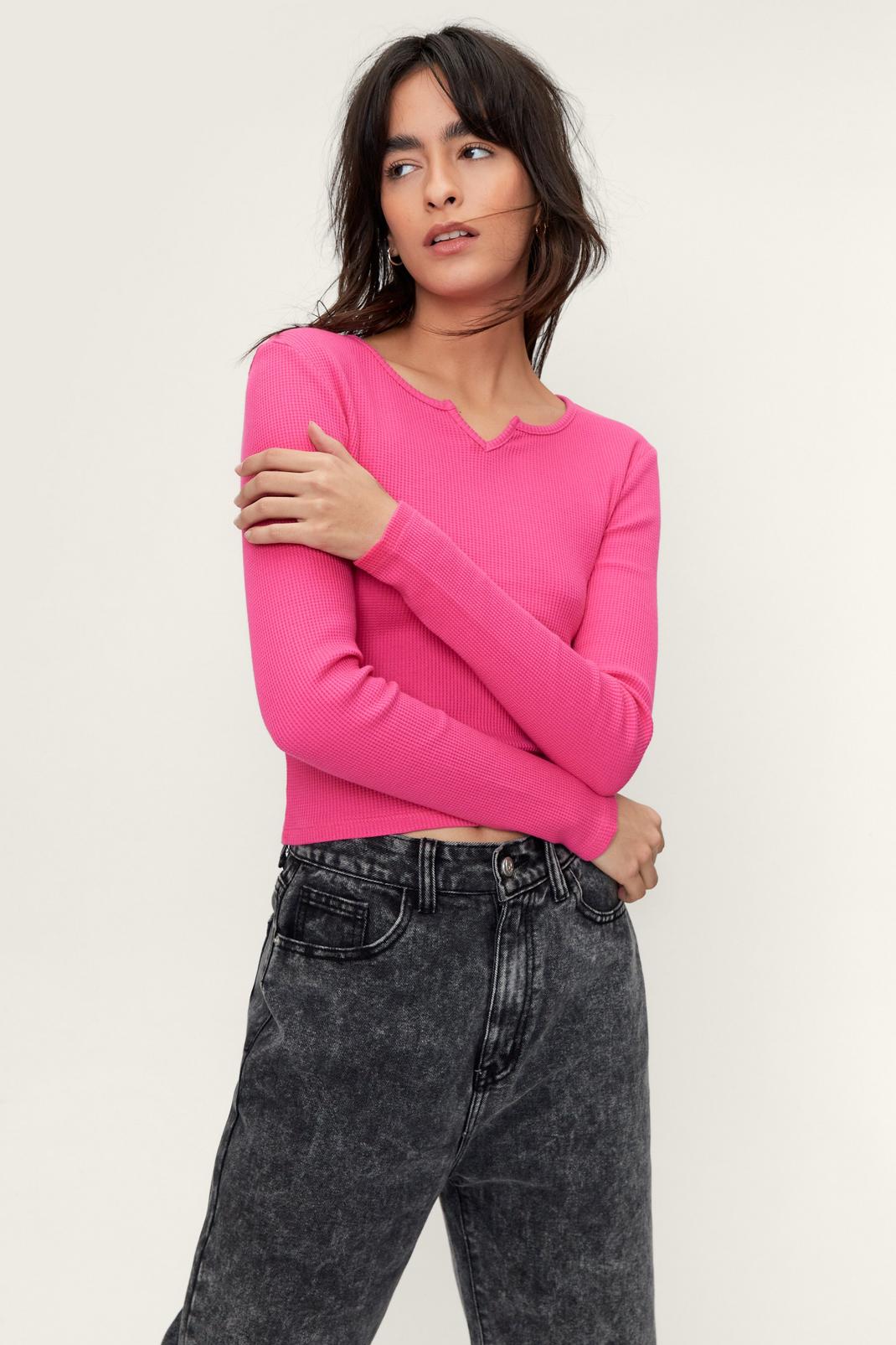 Pink Waffle Long Sleeve Notched Neck Top image number 1