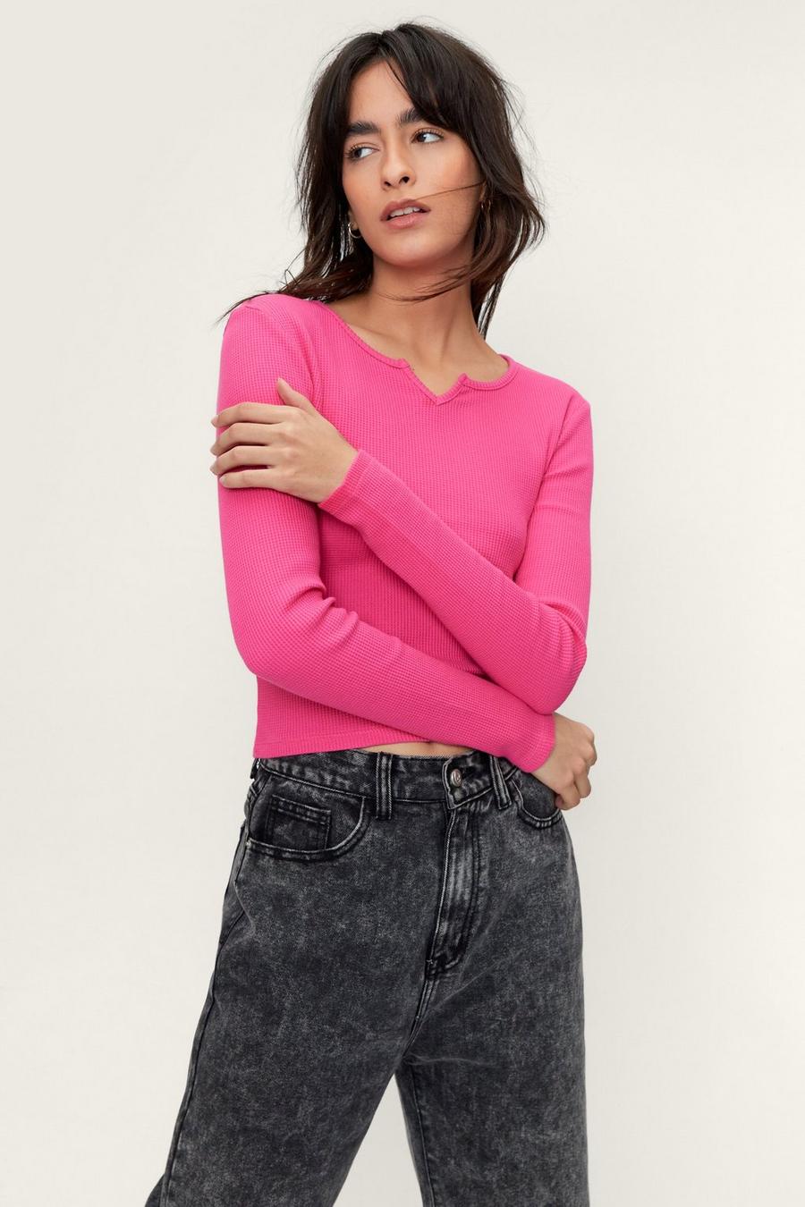 Waffle Long Sleeve Notched Neck Top