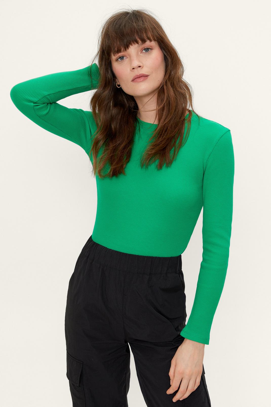 Green Waffle Crew Neck Long Sleeve Top image number 1