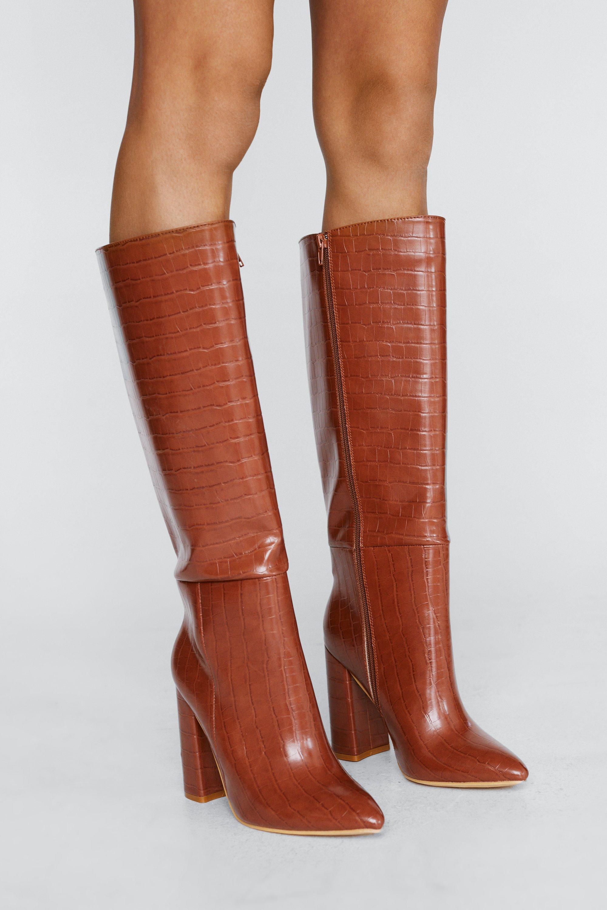 Tan croc knee high boots new arrivals