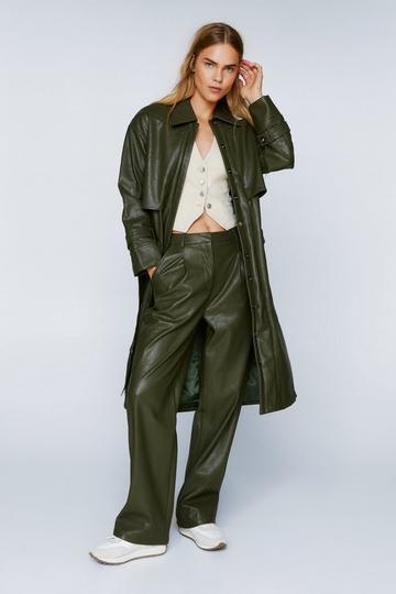 Pocket Detail Faux Leather Trench Coat dark green