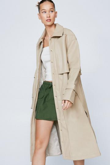 Pocket Detail Faux Leather Trench Coat light stone