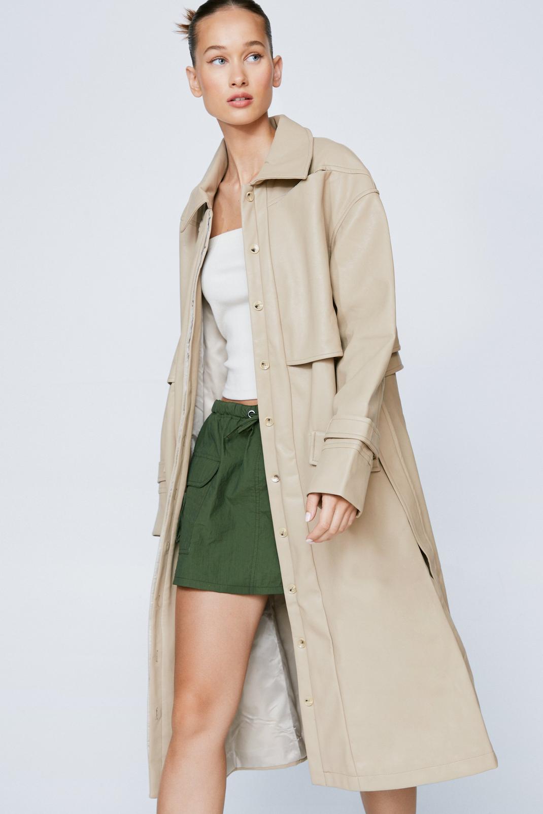 Light stone Pocket Detail Faux Leather Trench Coat image number 1