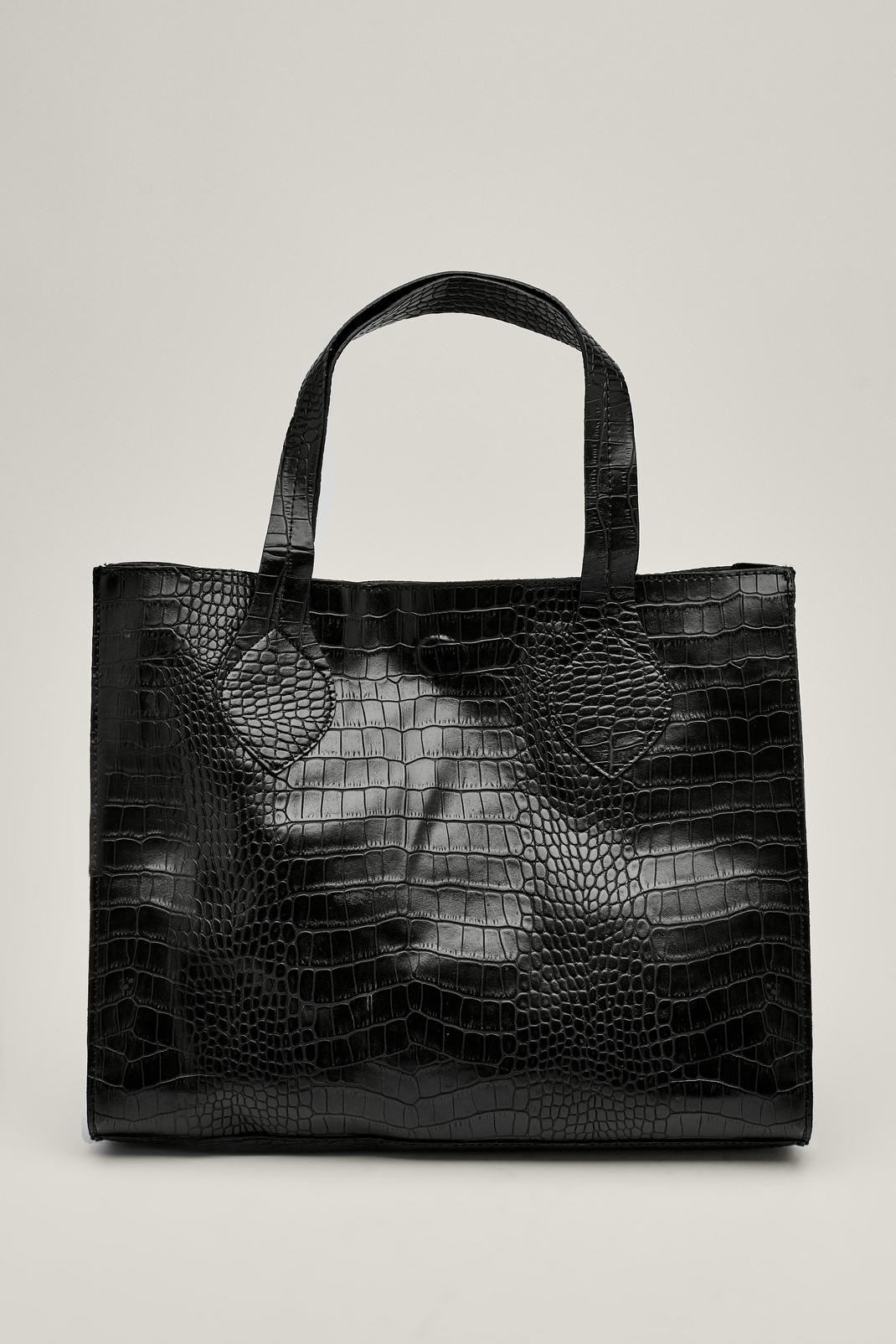 Black Faux Leather Croc Embossed Day Bag image number 1