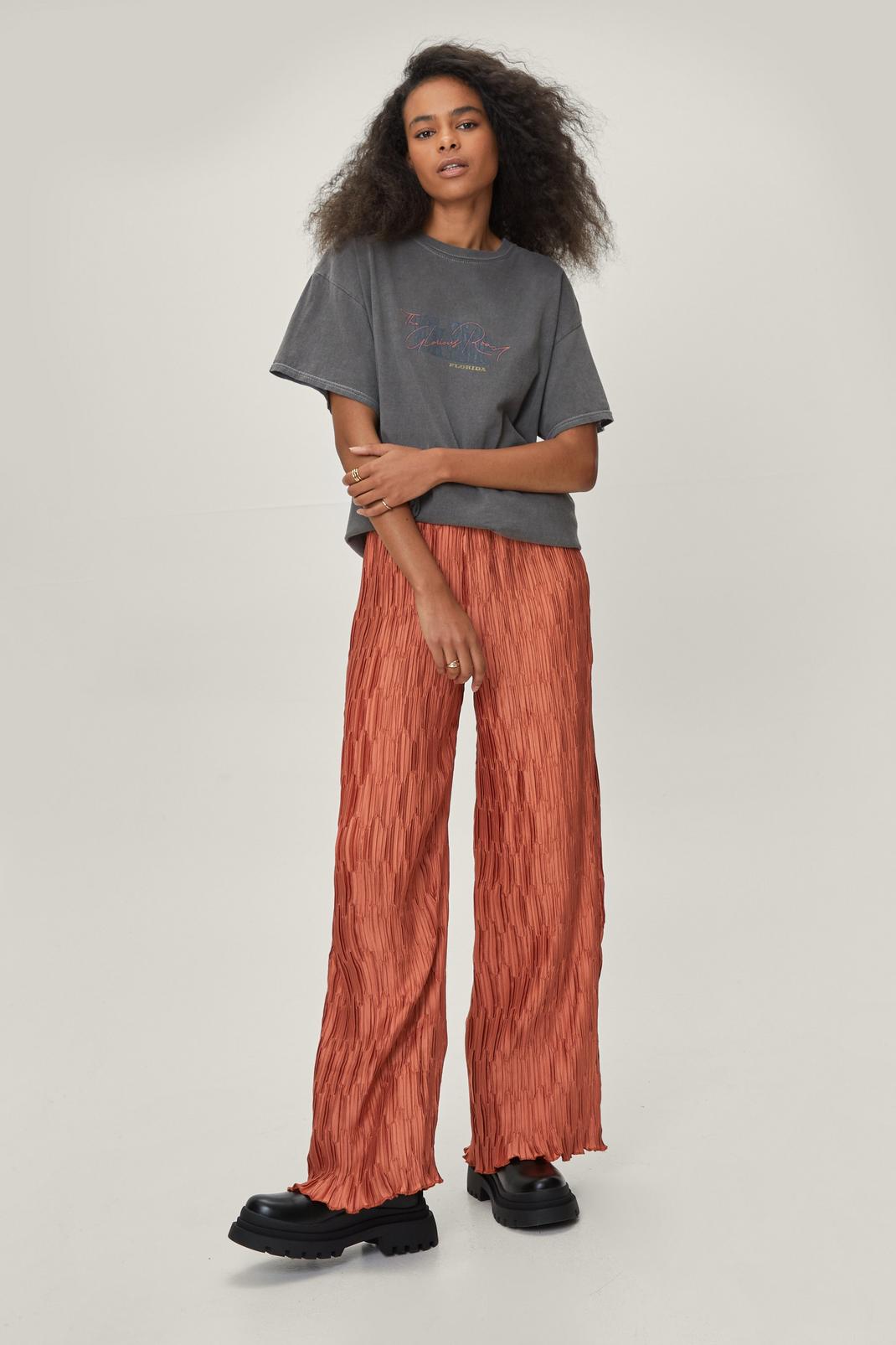 Rust Petite High Waisted Plisse Wide Leg Trousers image number 1