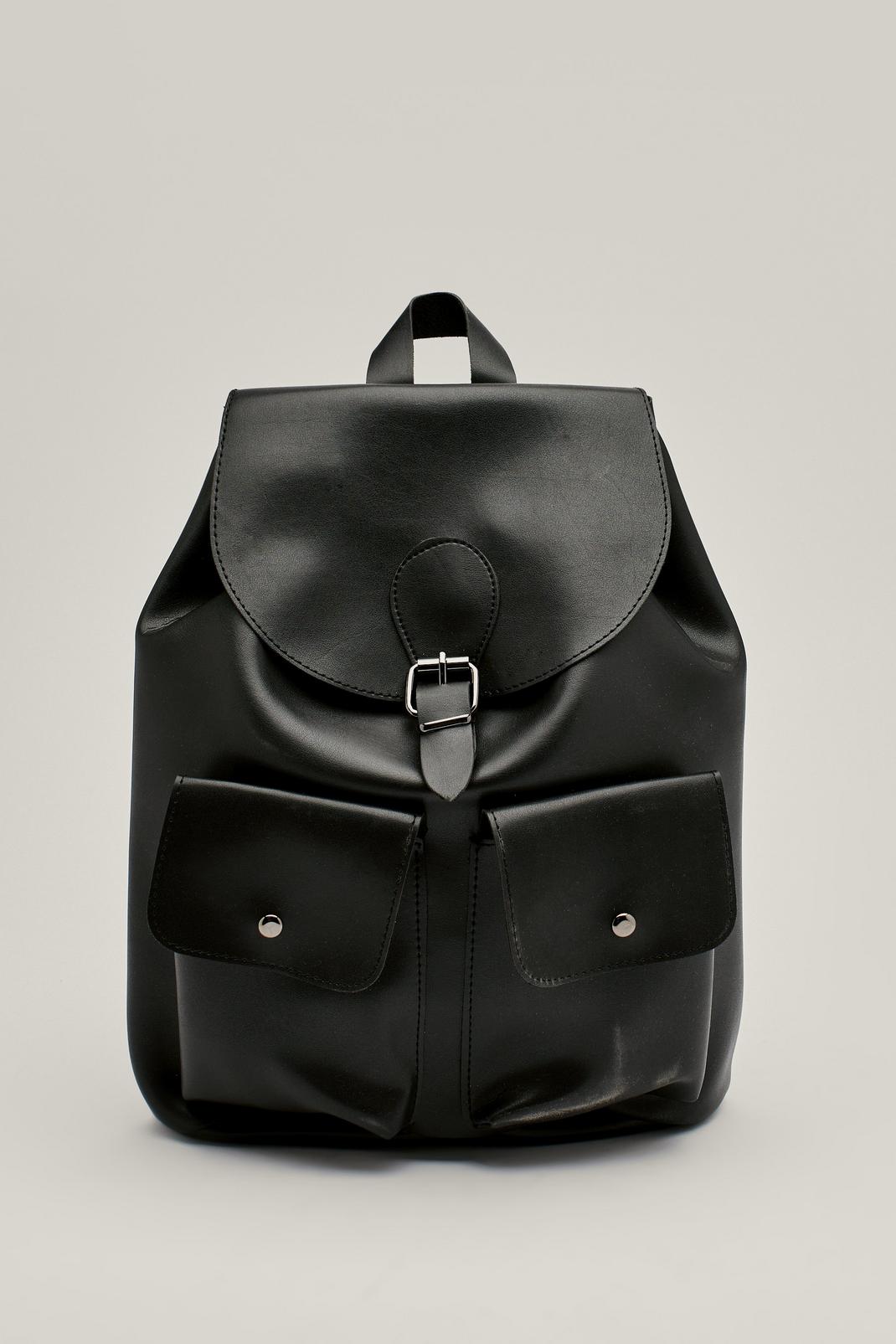 Black Faux Leather Double Pocket Backpack image number 1