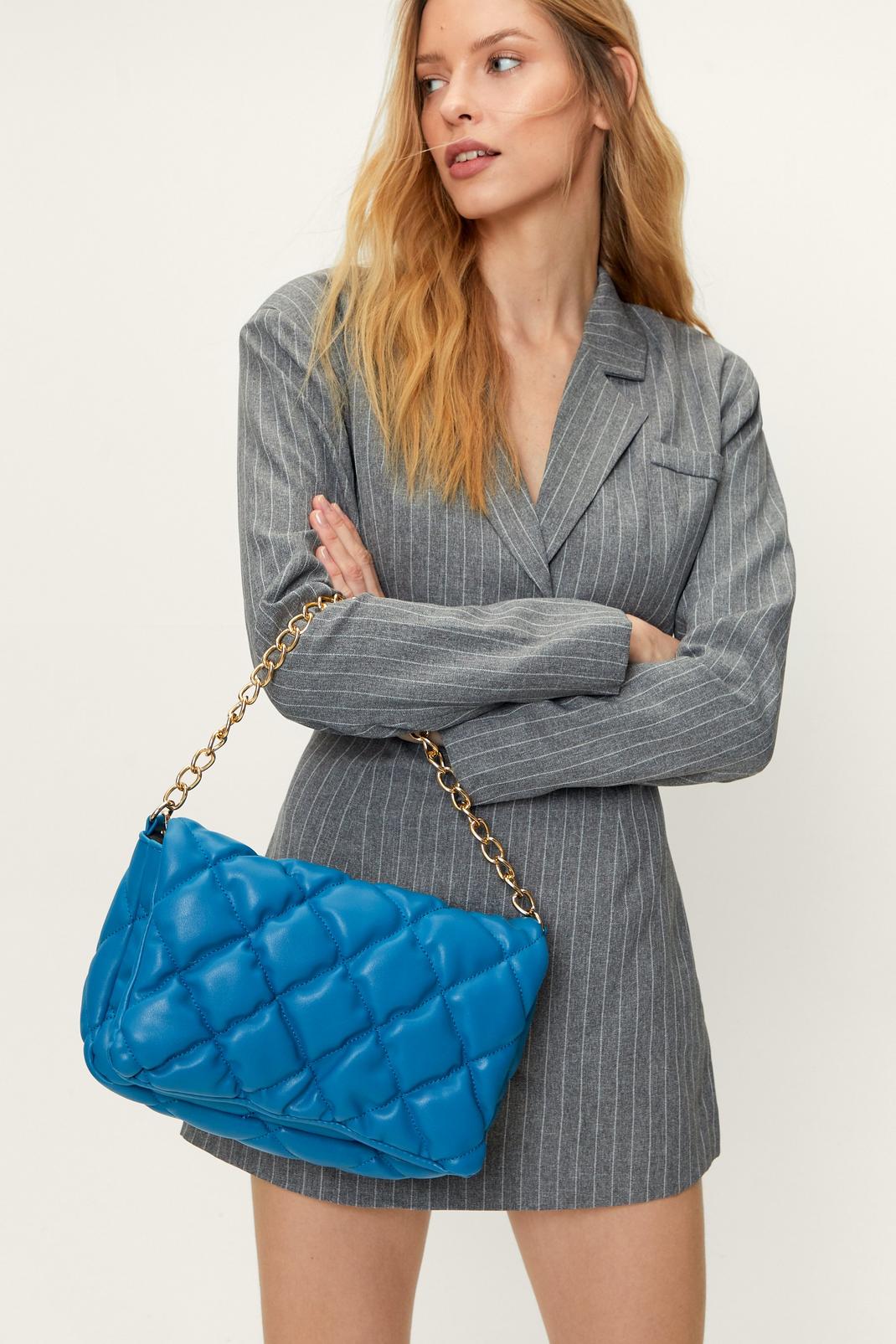 Blue Faux Leather Padded Shoulder Bag image number 1