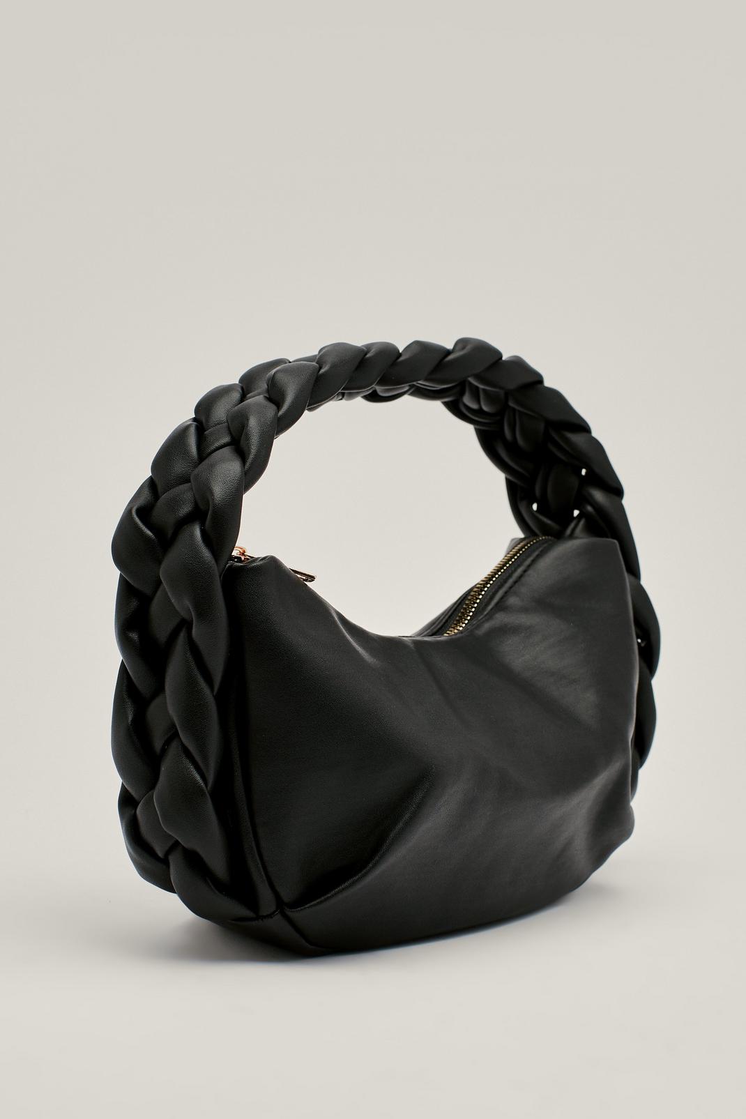 Black Faux Leather Braided Strap Round Shoulder Bag image number 1