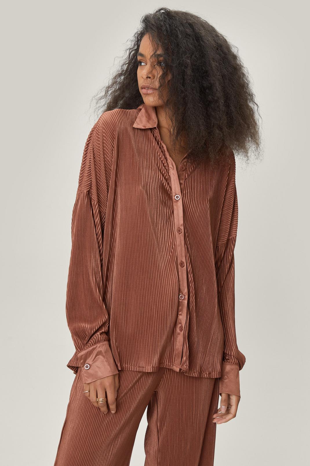 Brown Petite Plisse Oversized Button Down Shirt image number 1