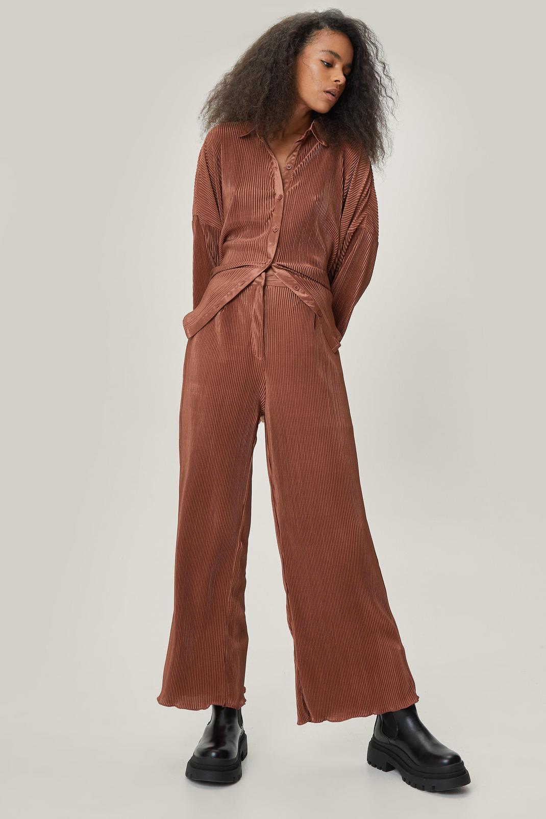 Brown Petite Plisse High Waisted Wide Leg Pants image number 1