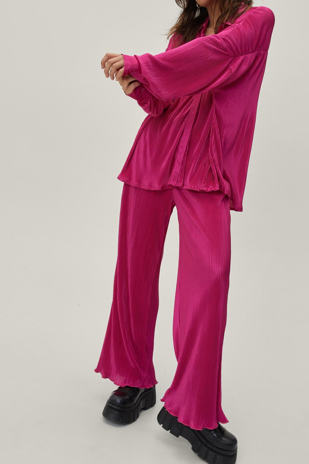 Magenta Petite Plisse High Waisted Wide Leg Trousers image number 1