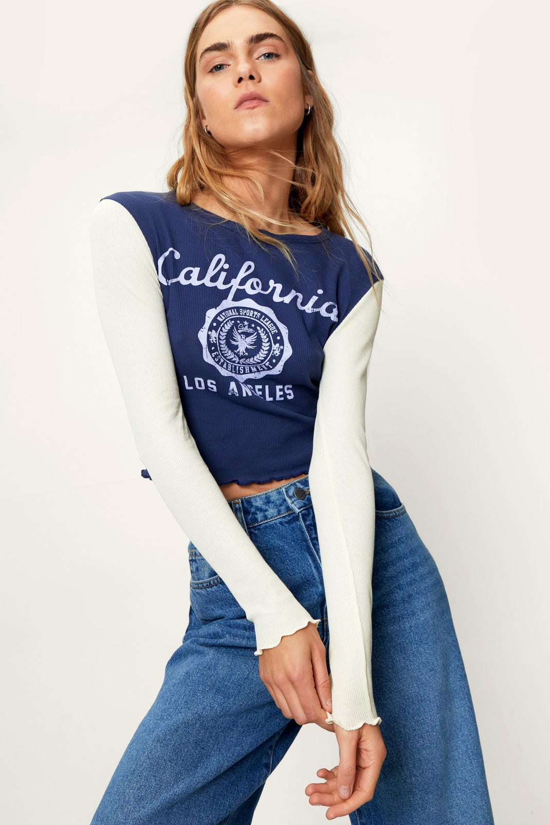 T-shirt à manches contrastées à imprimé California, Blue image number 1