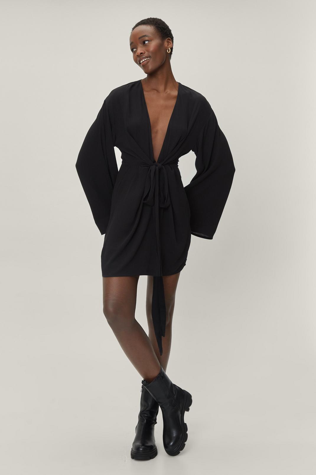 Black Kimono Sleeve Plunge Tie Front Mini Dress image number 1