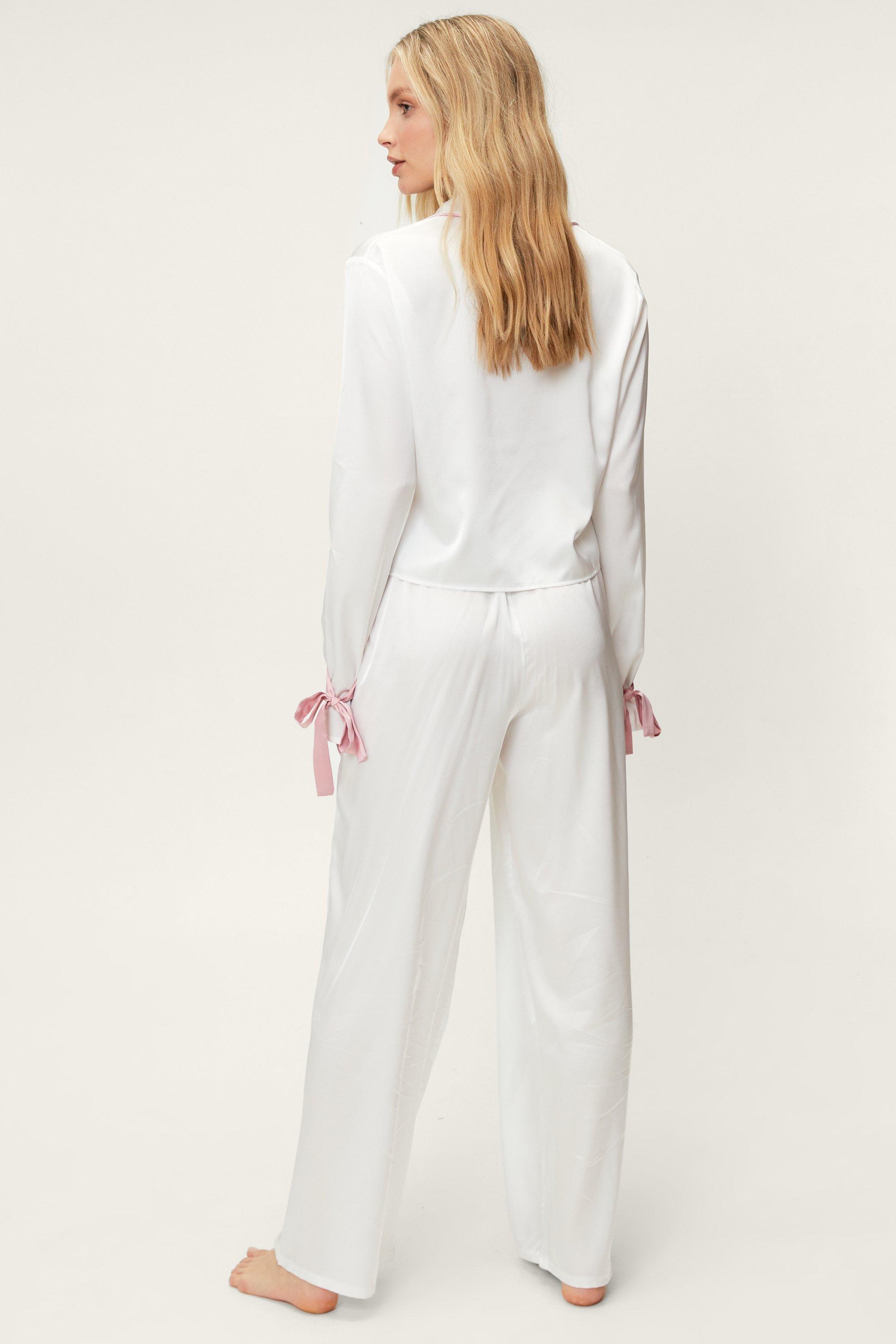 Satin Tie Cuff Shirt and Wide Leg Trousers Pyjama Set