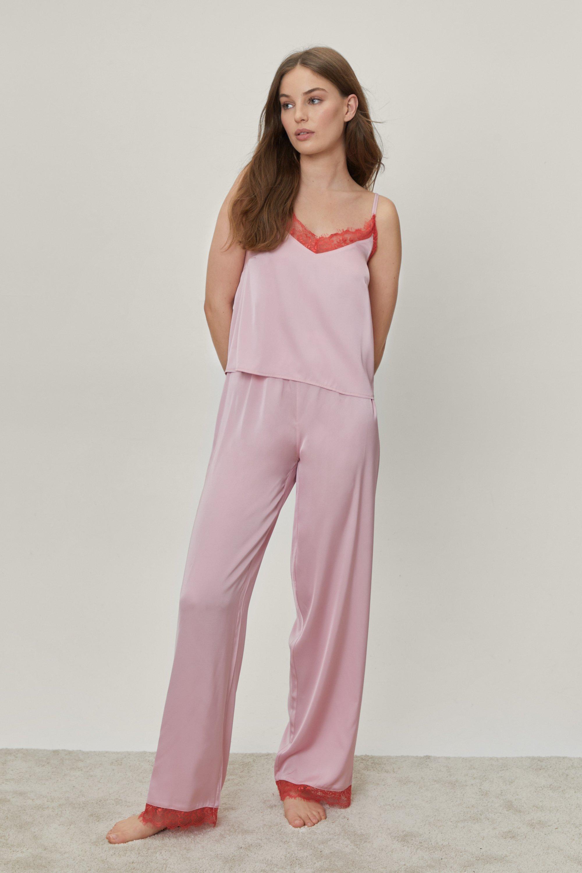 Contrast Lace Satin Cami and Pants Pajama Set