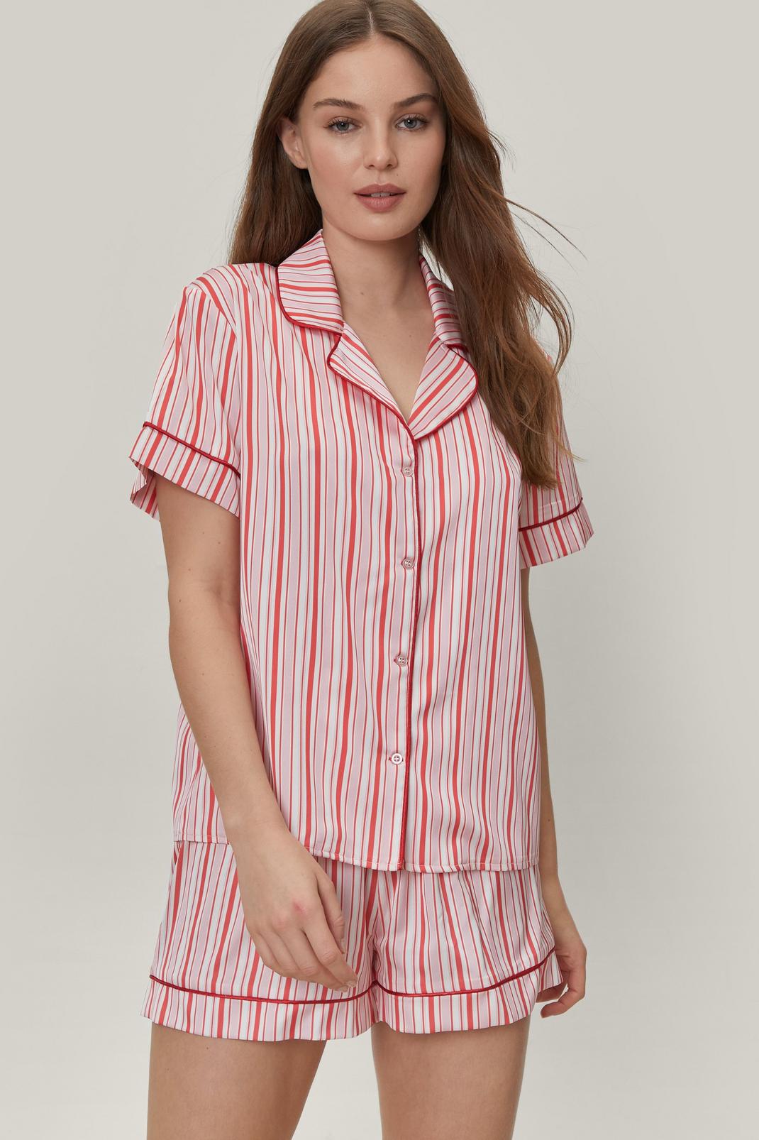 Pink Satin Stripe Shirt and Short Pyjama Set image number 1