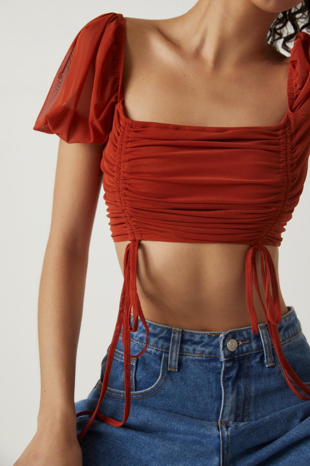 Rust Ruched Mesh Crop Top image number 1