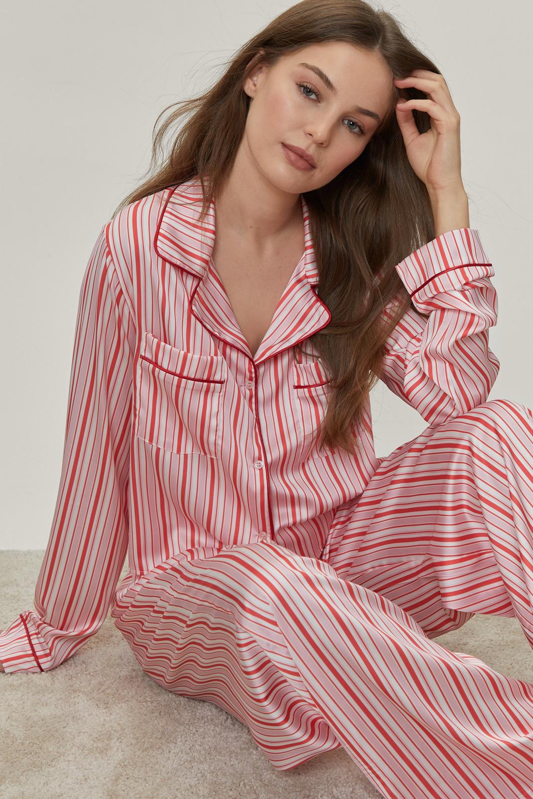 Pyjama rayé satiné chemise et pantalon , Pink image number 1