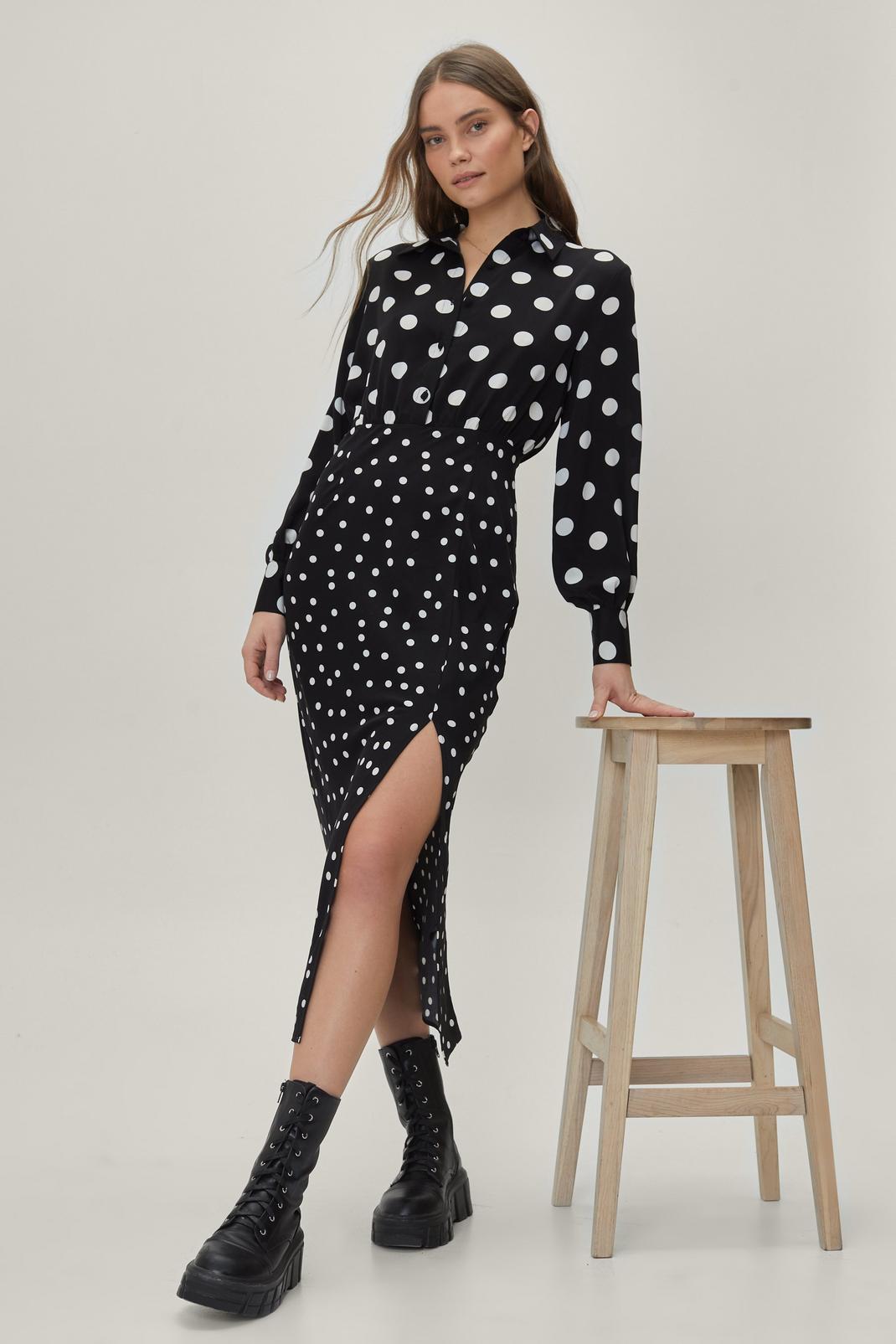 Black Polka Dot Contrast Skirt Midi Shirt Dress image number 1