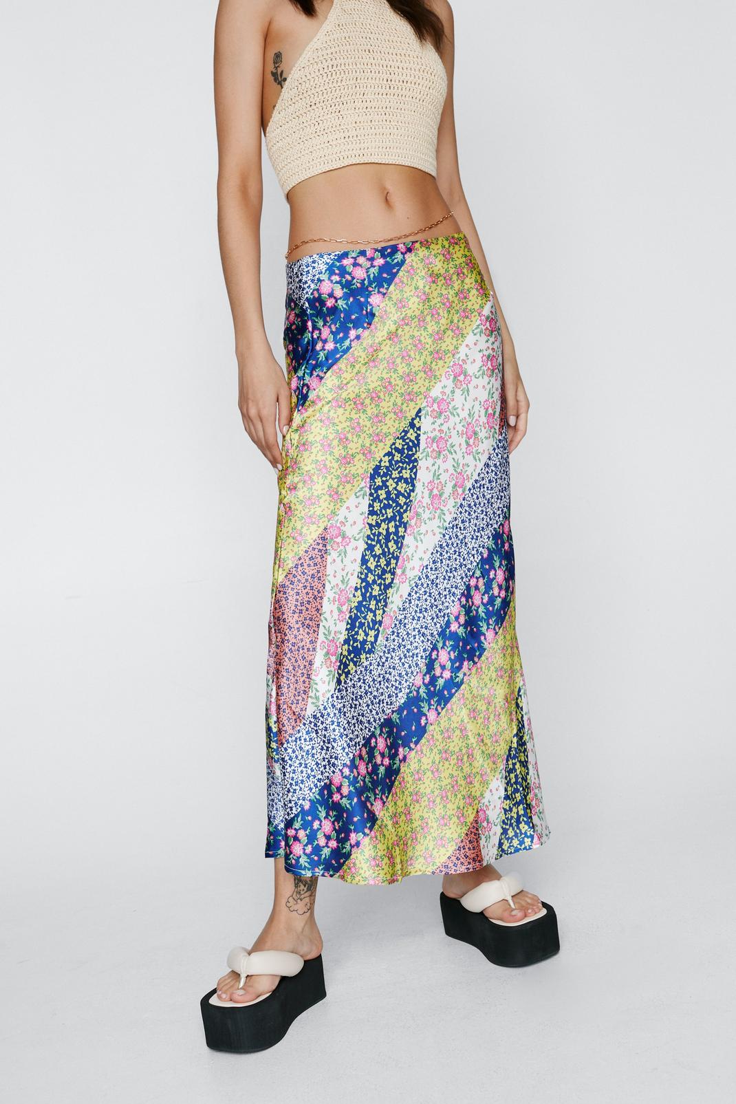 106 Satin Patchwork Floral Print Maxi Skirt image number 2