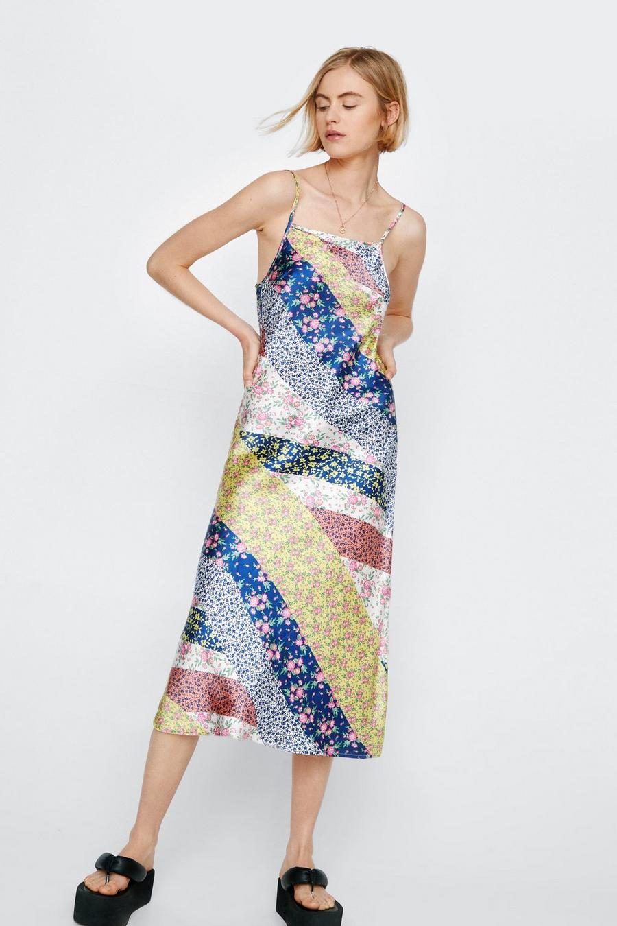 Satin Patchwork Floral Print Midi Slip Dress