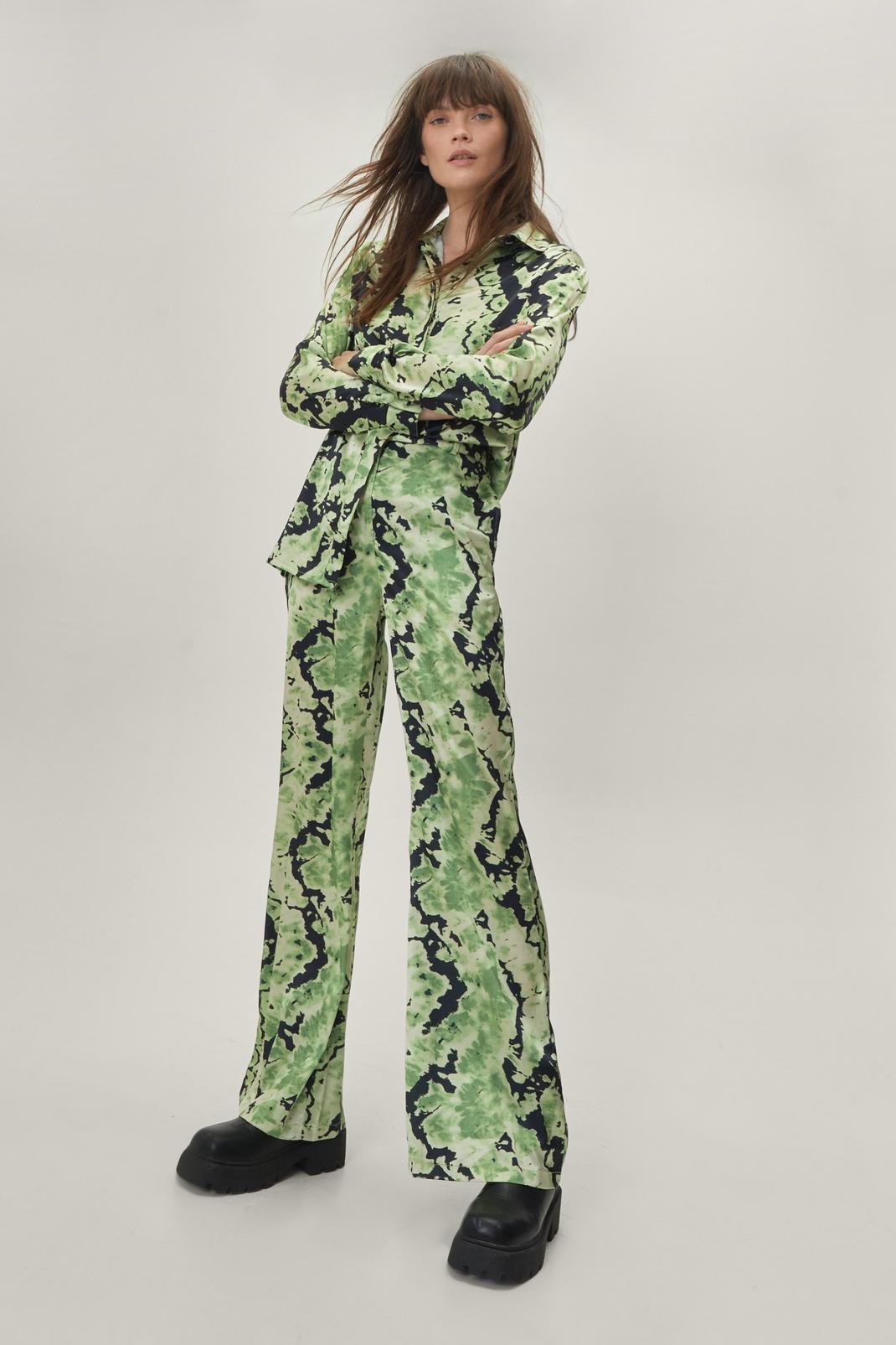 Green Tie Dye Satin Two Piece Flare Pants image number 1