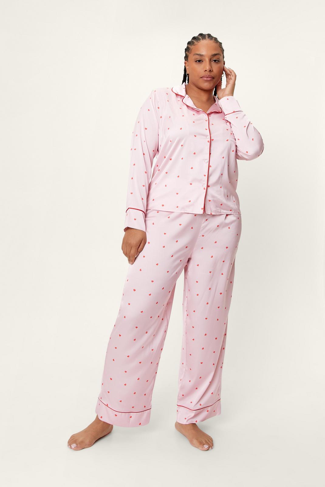 Pink Plus Size Satin Heart Print 6-pc Pajama Set image number 1