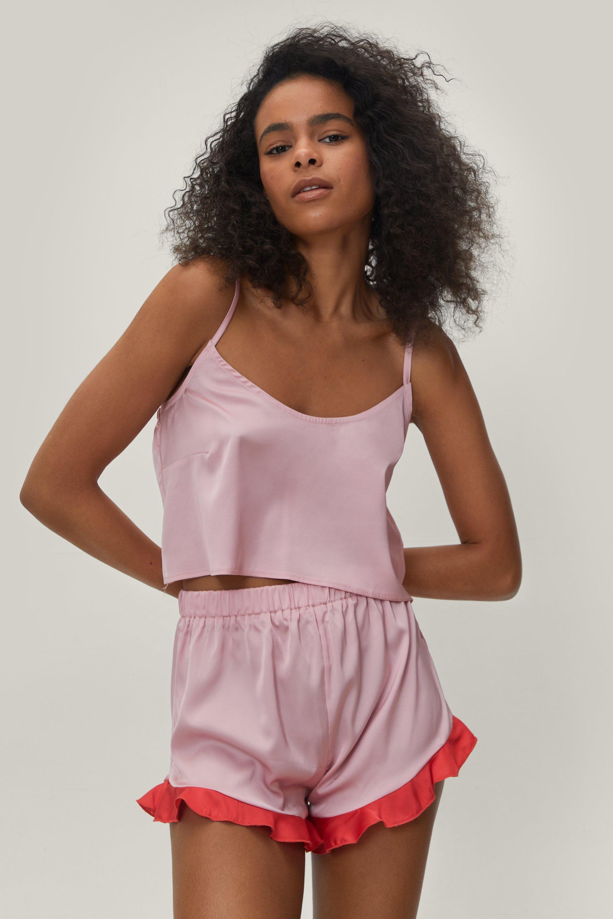 Pink Satin Cami And Ruffle Shorts Pyjama Set