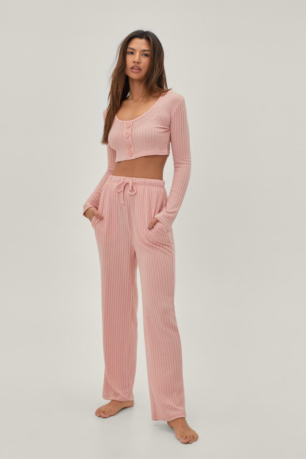 Pink Ribbed Cropped Top and Pyjama Trousers Set image number 1