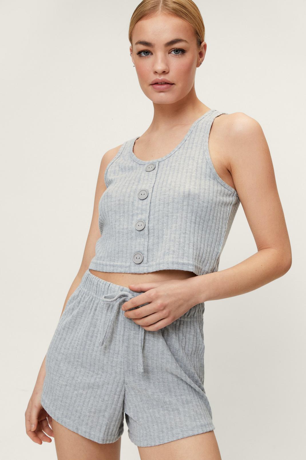 Grey marl Ribbed Jersey Button Down Pajama Set image number 1