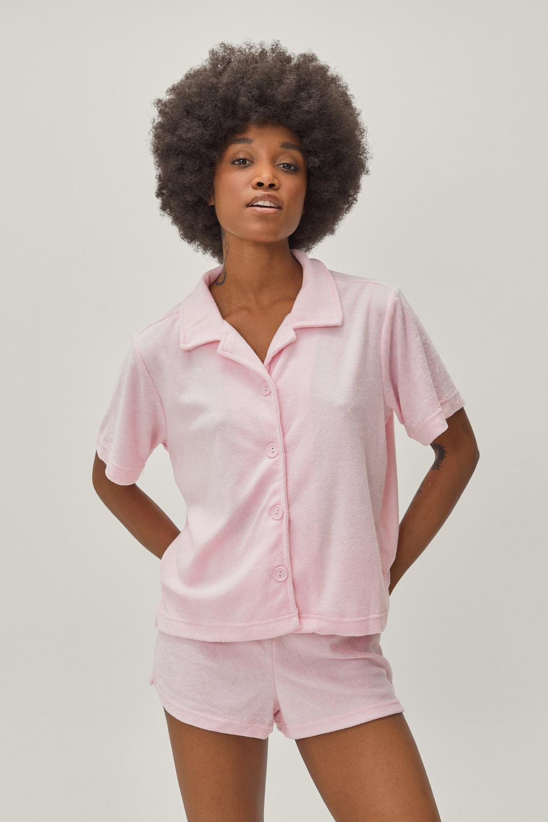 Pink Towelling Button Through Pajama Short Set image number 1