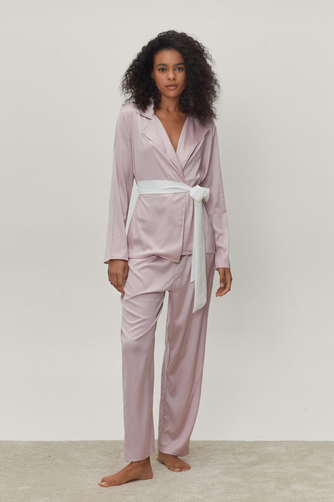 Petite Satin Contrast Belt Pajama Pants Set image number 1