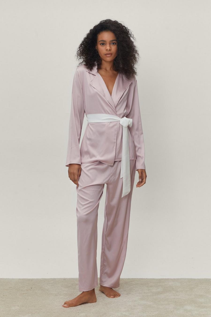 Petite Satin Contrast Belt Pyjama Trouser Set