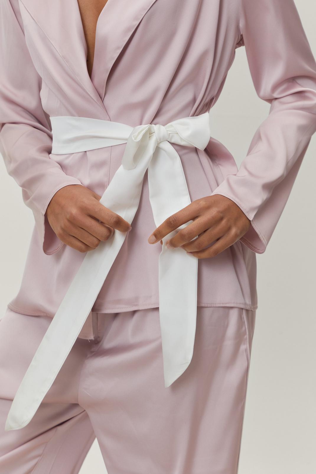 107 Petite Satin Contrast Belt Pajama Trouser Set image number 2