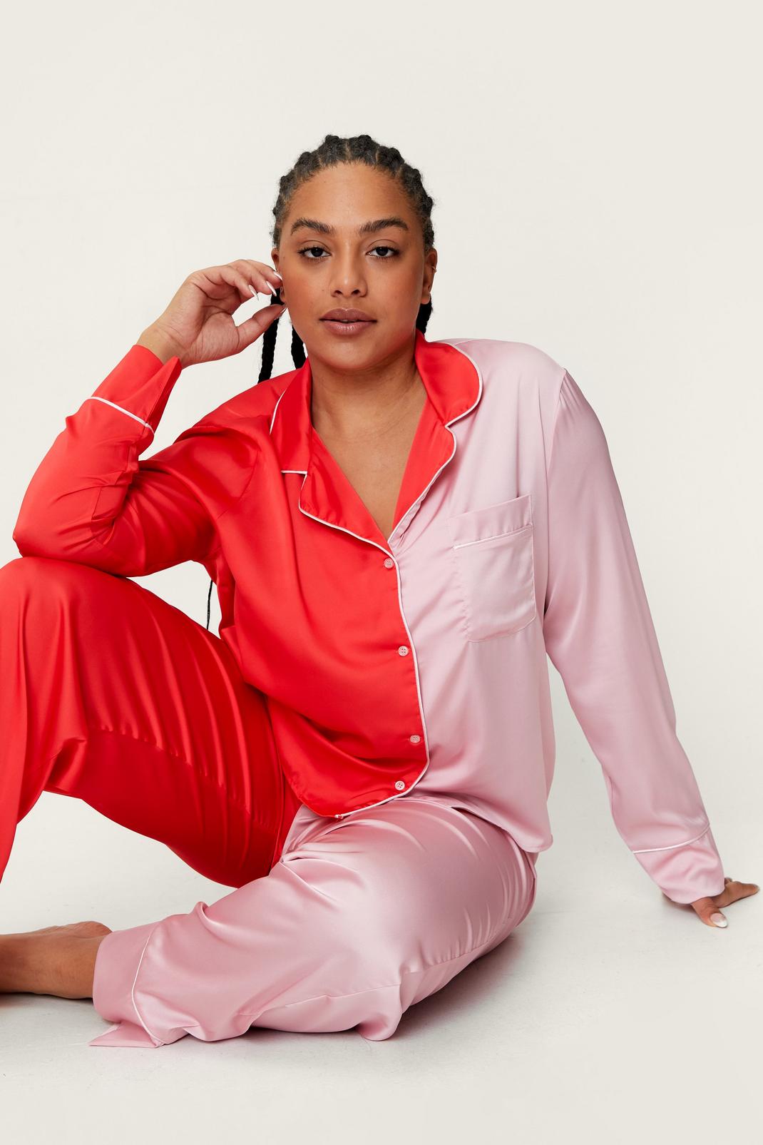 Pink Plus Size Two Tone Satin Pajama Set image number 1