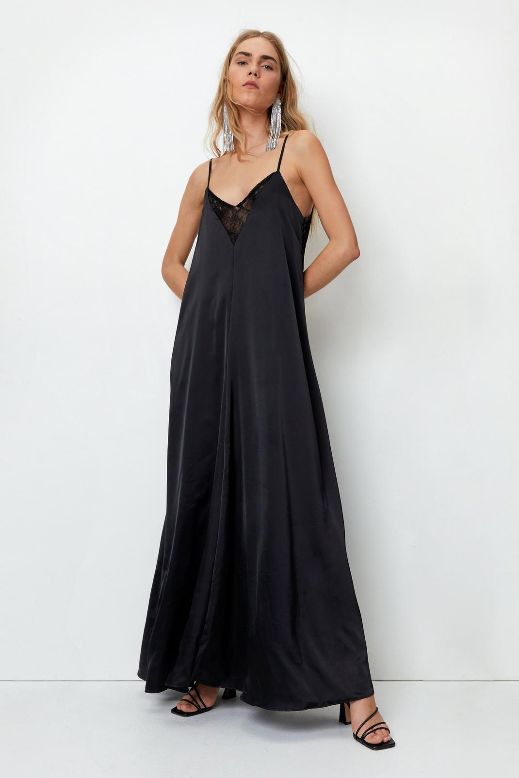 Black Satin Lace Insert Trapeze Maxi Dress image number 1