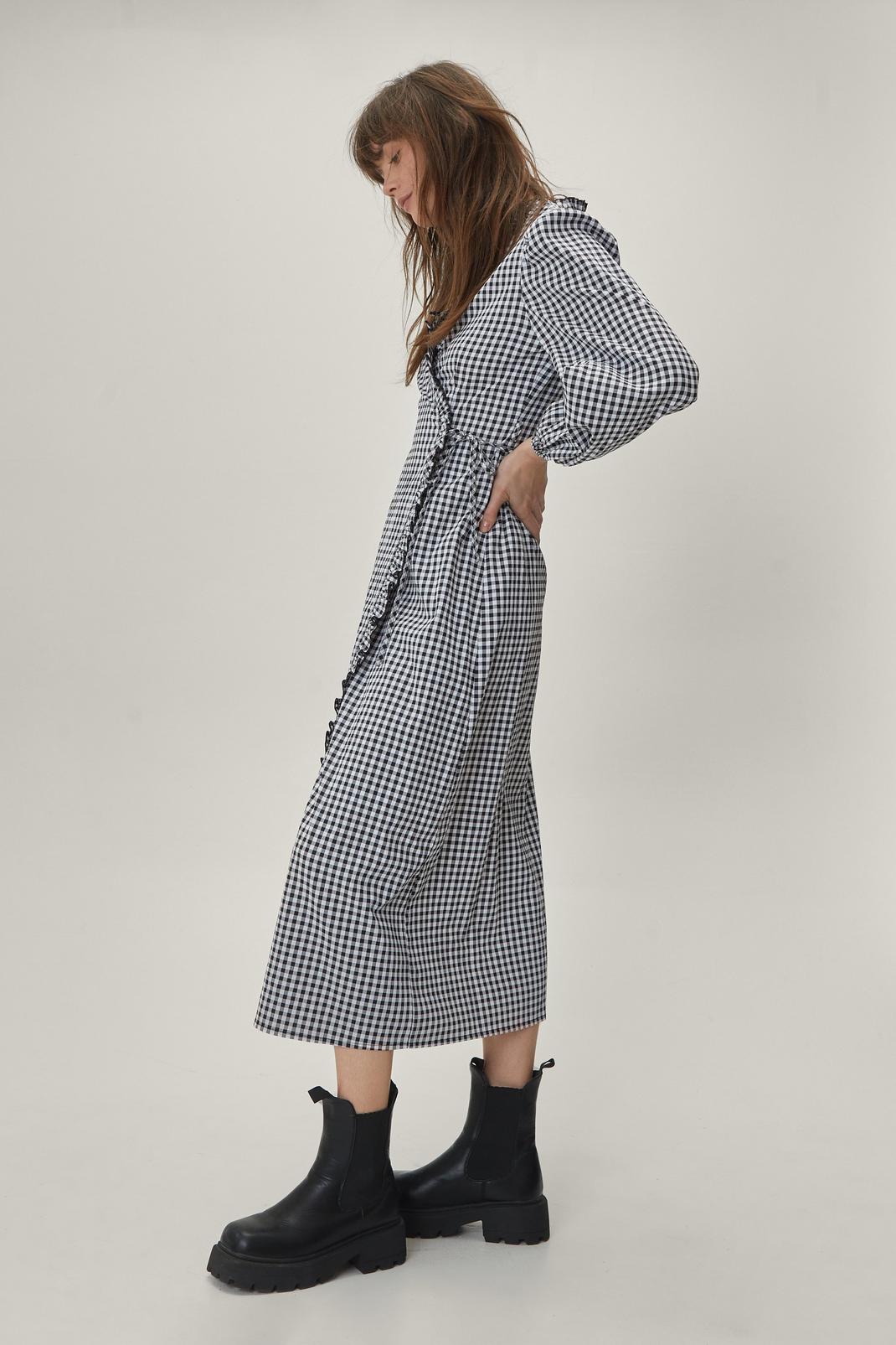 105 Checked Puff Sleeve Midaxi Wrap Dress image number 2