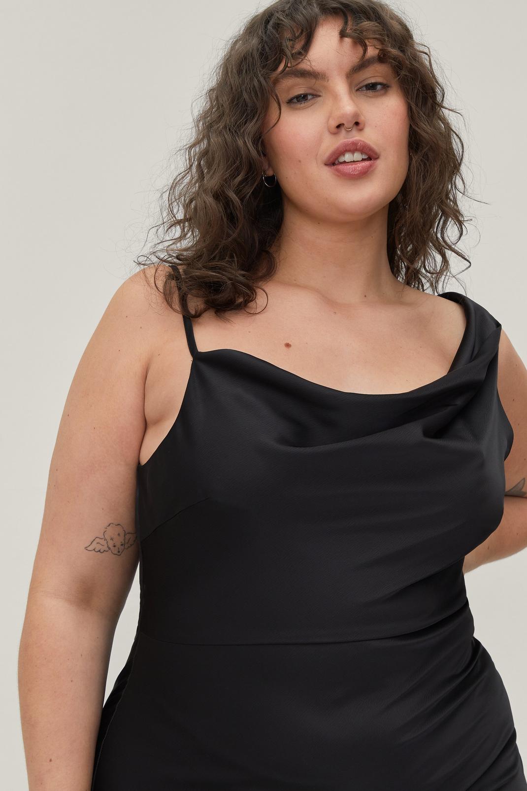 Black Plus Size Satin Asymmetric Cowl Front Maxi Dress image number 1